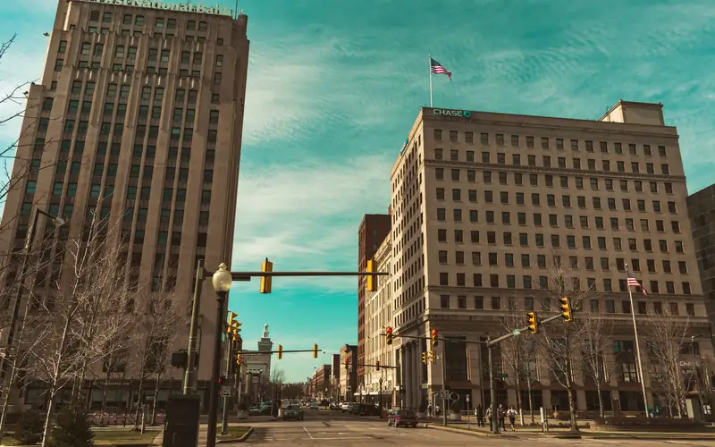 Historic office towers around Central Square in downtown Youngstown on a sunny day